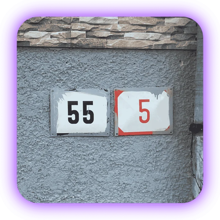 House number plates showing 55 and 5 side by side, visually forming the sequence 555.